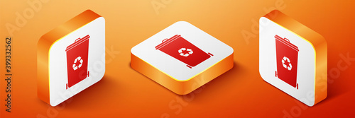 Isometric Recycle bin with recycle symbol icon isolated on orange background. Trash can icon. Garbage bin sign. Recycle basket icon. Orange square button. Vector.