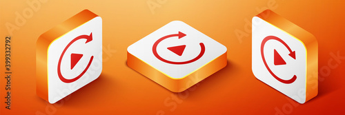 Isometric Video play button like simple replay icon isolated on orange background. Orange square button. Vector.