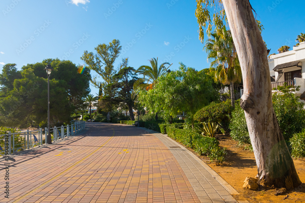 Las Fuentes sea promenade or boardwalk. Holiday resort on the Orange Tree Coast (Costa del Azahar, mediterranean sea), Valencian Community, Spain.