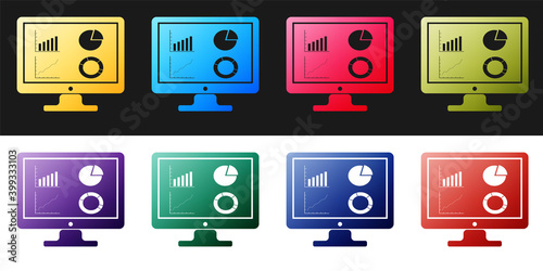 Set Computer monitor with graph chart icon isolated on black and white background. Report text file icon. Accounting sign. Audit, analysis, planning. Vector.