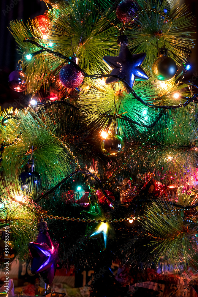decorations and light bulbs in the Christmas tree