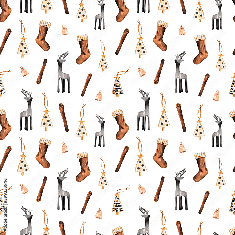 Seamless Christmas pattern hand drawn in watercolor. Xmas decor for cozy home with cinnamon stick, deer statuette, sock, bell, Christmas tree. Holiday design for wallpaper, scrapbooking, fabric print Seamless Christmas pattern hand drawn in watercolor. Xmas decor for cozy home with cinnamon stick, deer statuette, sock, bell, Christmas tree. Holiday design for wallpaper, scrapbooking, fabric print
