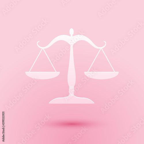 Paper cut Scales of justice icon isolated on pink background. Court of law symbol. Balance scale sign. Paper art style. Vector.