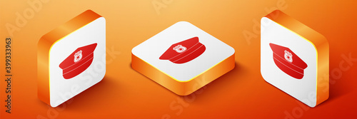 Isometric Police cap with cockade icon isolated on orange background. Police hat sign. Orange square button. Vector.