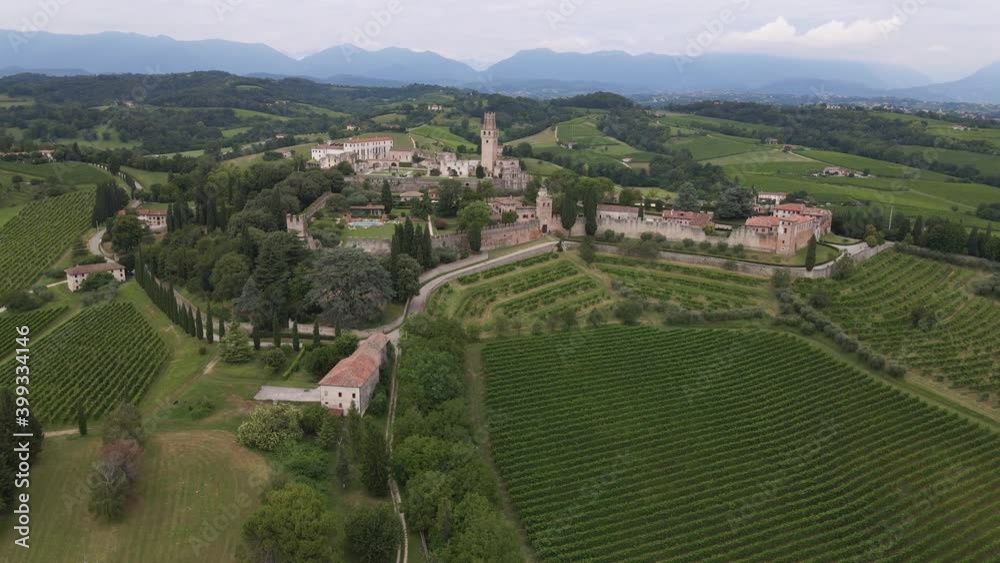 Aerial of Unesco World Hertiage Site, Castle Of San Salvatore, Susegana Italy Aerial of Unesco World Hertiage Site, Castle Of San Salvatore, Susegana Italy