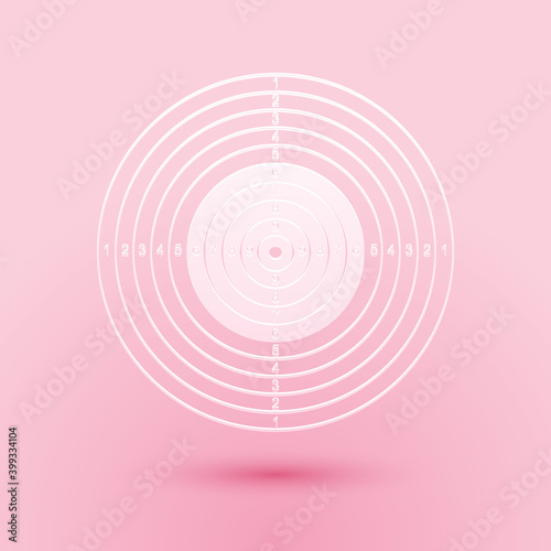 Paper cut Target sport for shooting competition icon isolated on pink background. Clean target with numbers for shooting range or pistol shooting. Paper art style. Vector.