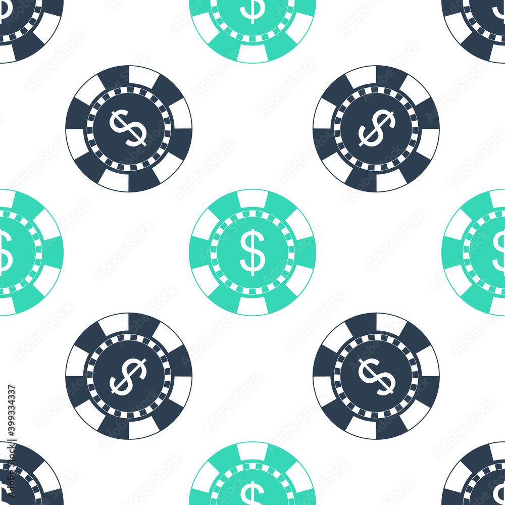 Green Casino chip and dollar symbol icon isolated seamless pattern on white background. Vector. Green Casino chip and dollar symbol icon isolated seamless pattern on white background. Vector.