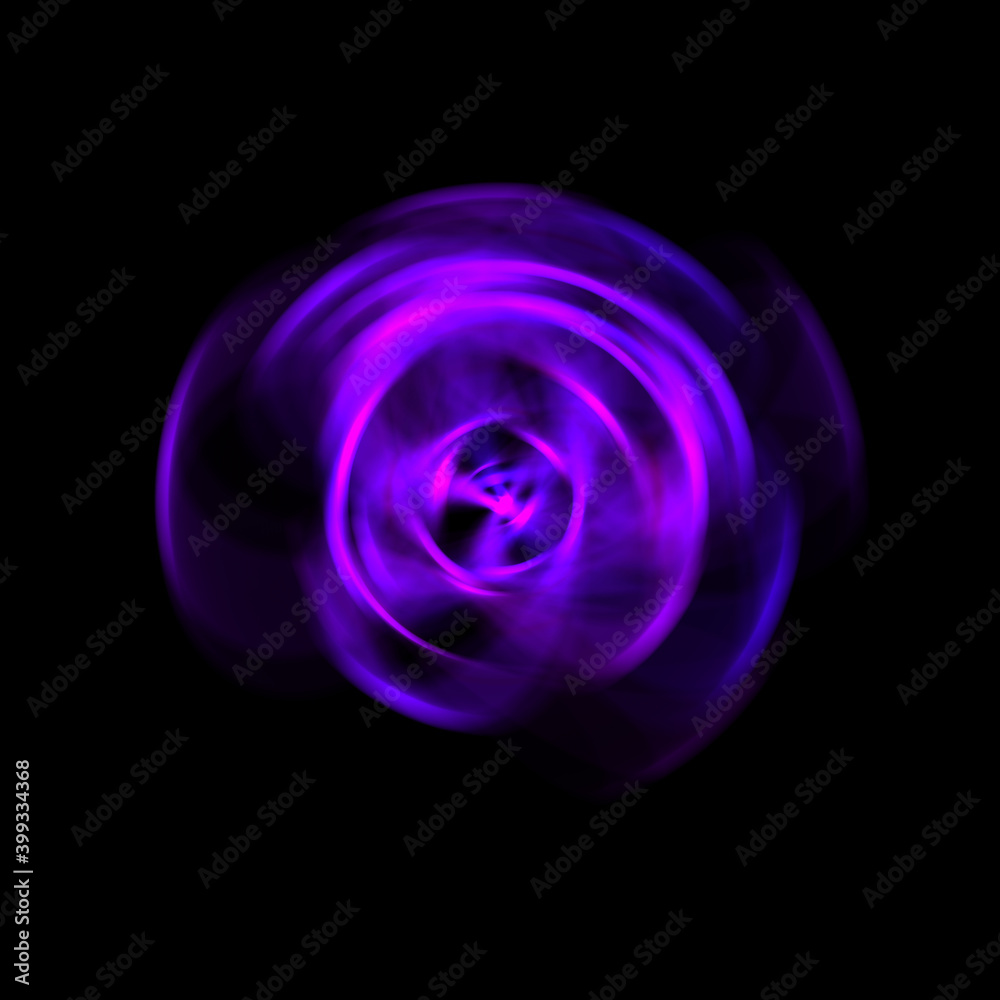Spinning rays of light isolated on black background. Graphic 2D illustration of glowing colorful light particles in circular motion.