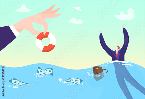 Business help for sinking man, rescue businessman crisis in sea concept, vector illustration. Finance danger, person bankruptcy get lifebuoy from huge hand. Preserver equipment for drawning male.