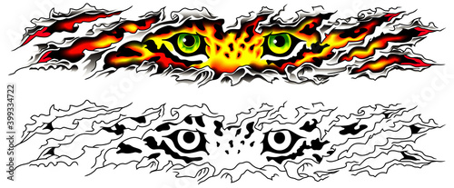 Tiger with green eyes. An animal sports mascot is looking through a broken background with its claws.