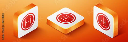 Isometric Gear shifter icon isolated on orange background. Transmission icon. Orange square button. Vector.