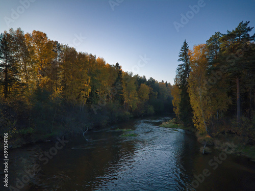 Autumn landscape  forest trees are reflected in calm river water against a background of blue sky and white clouds.