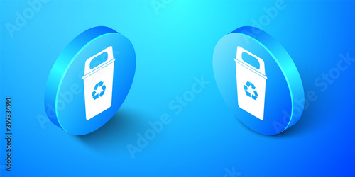 Isometric Recycle bin with recycle symbol icon isolated on blue background. Trash can icon. Garbage bin sign. Recycle basket sign. Blue circle button. Vector.