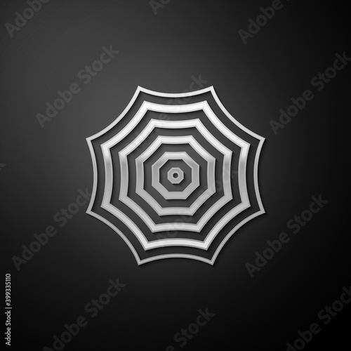 Silver Sun protective umbrella fo beach icon isolated on black background. Large parasol for outdoor space. Summer vacation or picnic accessory. Long shadow style. Vector.