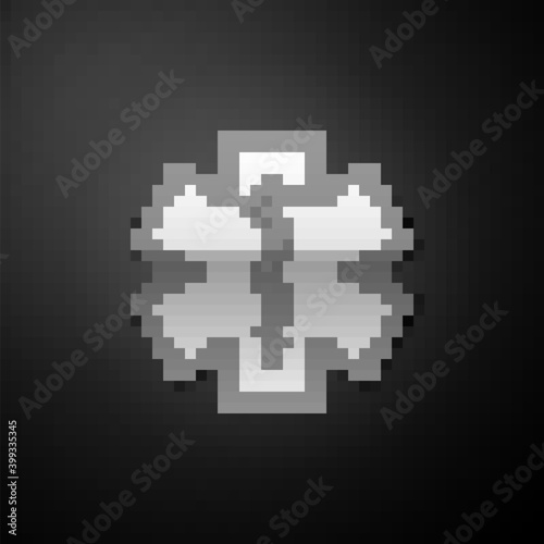 Silver Medical symbol of the Emergency - Star of Life icon isolated on black background. Long shadow style. Vector.