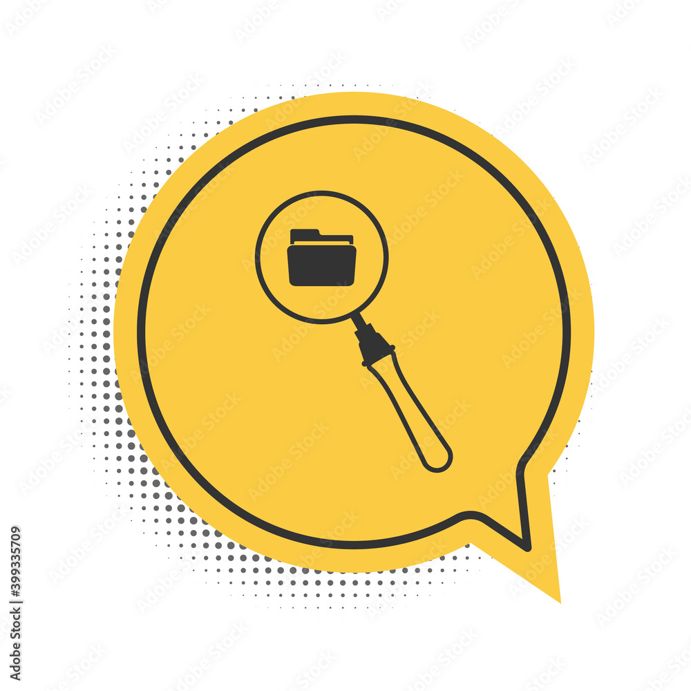 Black Search concept with folder icon isolated on white background. Magnifying glass and document. Data and information sign. Yellow speech bubble symbol. Vector. Black Search concept with folder icon isolated on white background. Magnifying glass and document. Data and information sign. Yellow speech bubble symbol. Vector.