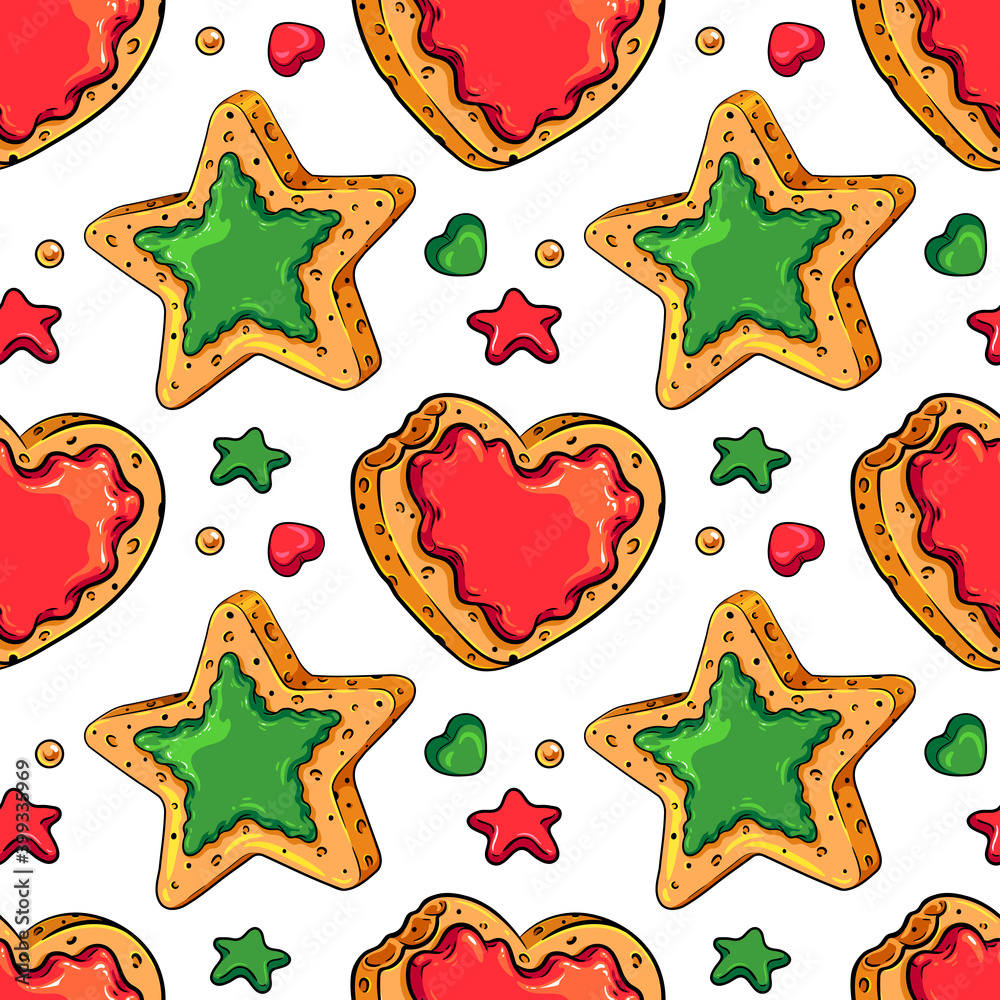 Seamless pattern of heart and star shaped cookies with tiny details. Colorful vector illustration for your Christmas, New Year, birthday, food fests and other parties designs, menus, package, etc. Seamless pattern of heart and star shaped cookies with tiny details. Colorful vector illustration for your Christmas, New Year, birthday, food fests and other parties designs, menus, package, etc.