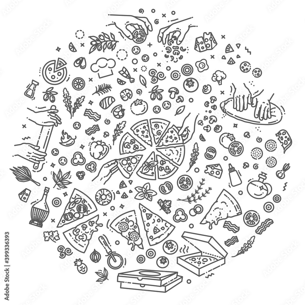 Naklejka premium Italian traditional pizza vector outline icons set