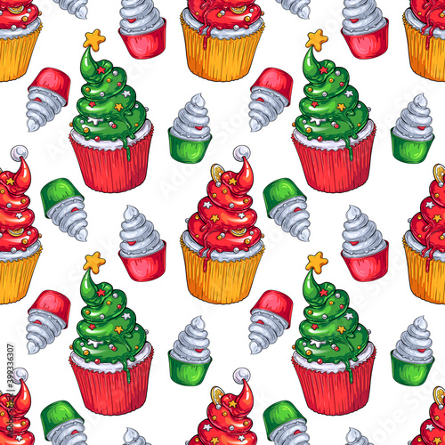 Three Christmas Cupcakes vector seamless pattern. Colorful illustration of stylized desserts for your Christmas, New Year, food fests and other parties designs, menus, invitations, cards, etc.