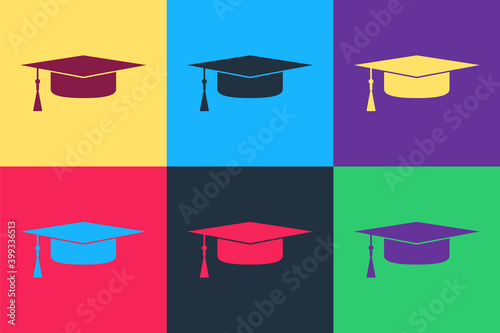 Pop art Graduation cap icon isolated on color background. Graduation hat with tassel icon. Vector.