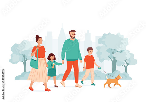 Young couple with two children and a dog walks holding hands in city park. Happy  family mom, dad, daughter and son spend time together. Active weekend, healthy lifestyle. Isolated vector illustration