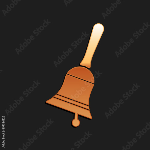 Gold Ringing bell icon isolated on black background. Alarm symbol, service bell, handbell sign, notification symbol. Long shadow style. Vector.