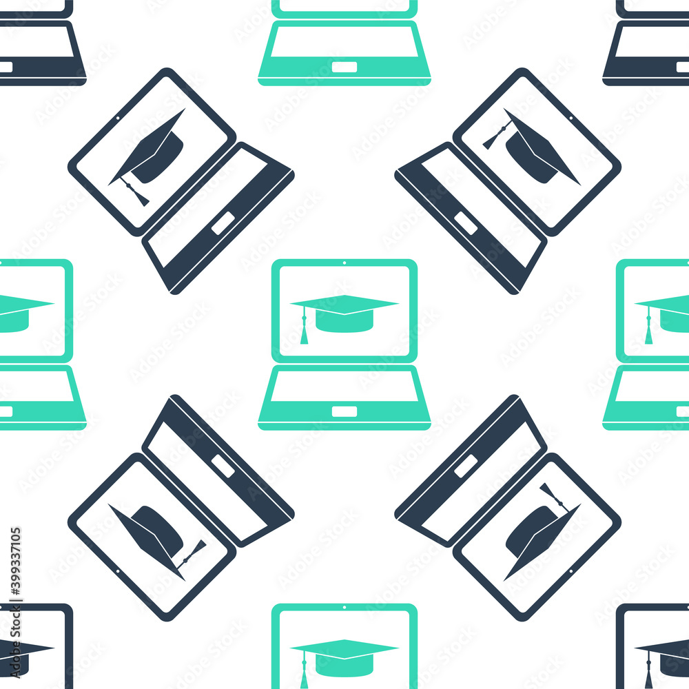 Green Graduation cap and laptop icon isolated seamless pattern on white background. Online learning or e-learning concept icon. Vector. Green Graduation cap and laptop icon isolated seamless pattern on white background. Online learning or e-learning concept icon. Vector.