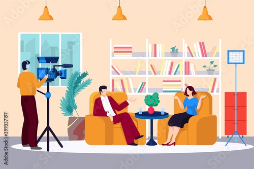 Anchorman talk with people character, newsman reporter ask questions at show vector illustration. Man woman speaker sitting in armchair, streaming home studio at tv, stream media concept.