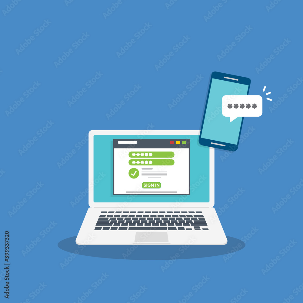 Successful web browser Login page on Laptop Screen with password form and smartphone password confirmation . Security, personal access, user authorization. Successful web browser Login page on Laptop Screen with password form and smartphone password confirmation . Security, personal access, user authorization.