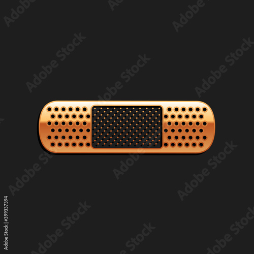 Gold Bandage plaster icon isolated on black background. Medical plaster, adhesive bandage, flexible fabric bandage. Long shadow style. Vector.