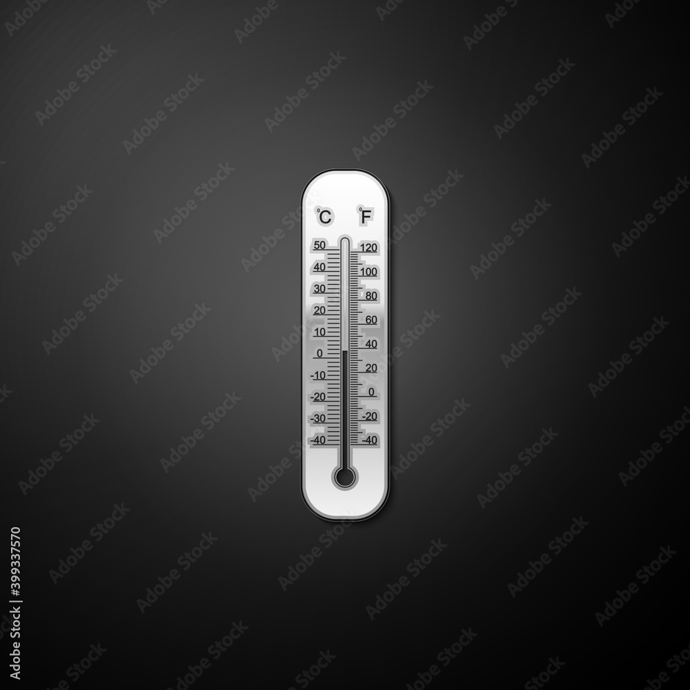 Silver Celsius and fahrenheit meteorology thermometers measuring icon isolated on black background. Thermometer equipment showing hot or cold weather. Long shadow style. Vector. Silver Celsius and fahrenheit meteorology thermometers measuring icon isolated on black background. Thermometer equipment showing hot or cold weather. Long shadow style. Vector.