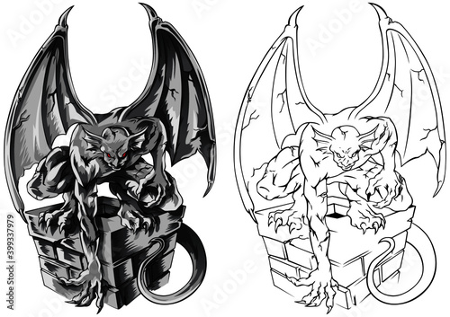 Fototapet Gothic statue Chimera gargoyles, hand-drawn vector illustration with gothic guards include architectural elements of a roof with a chimney, ancient medieval statues