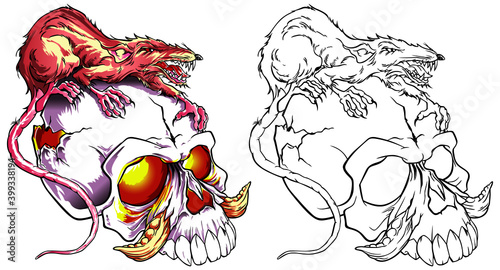 Rat zombie killers on the skull in tattoo style. Vector illustration