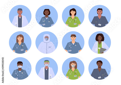 Various avatars of medical professionals. In masks and without, uniform, chemical protection suit, doctor's pajamas.