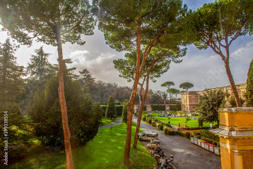 amazing  Pinia trees  and  Square garden in Vatican  . View  from special window photo