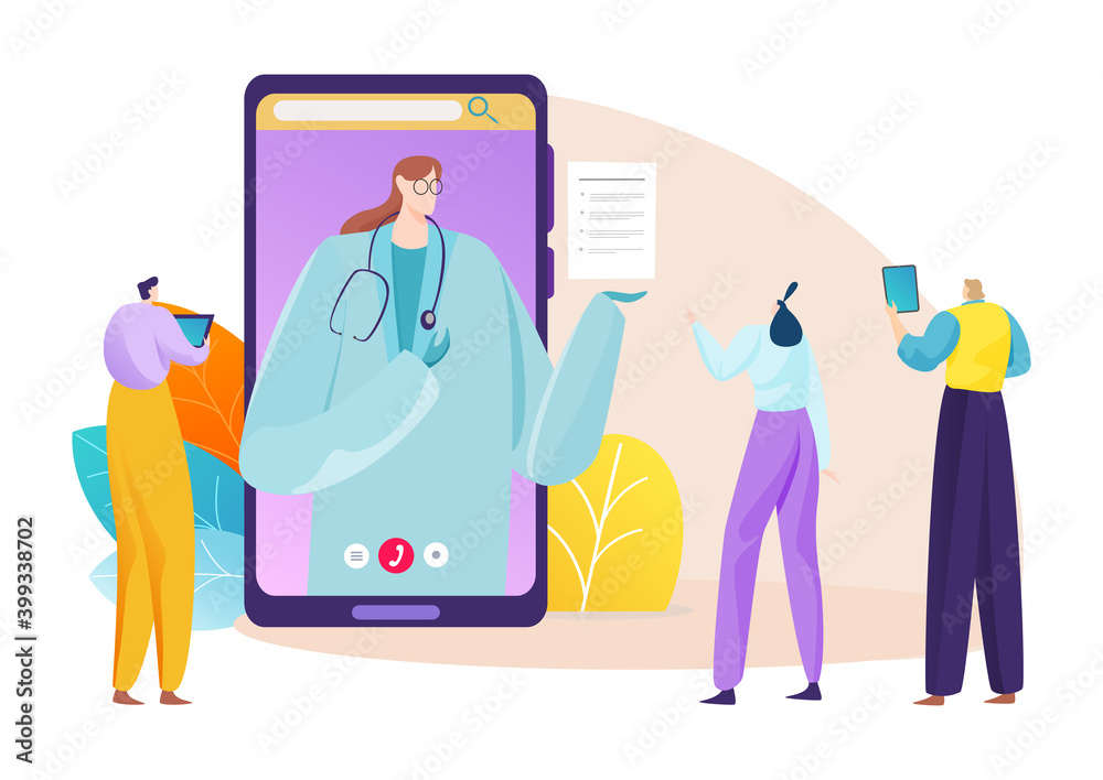 Doctor in smartphone, online medical consultation for people, vector illustration. Clinic communication and care concept, flat mobile technology. Patient use mobile internet app service.
