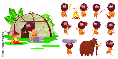 Cartoon primitive people stone age isometric icons set. Caveman in action character. Stone age cartoon icons set with cavemen pelt with and ancient animals. Vector illustration