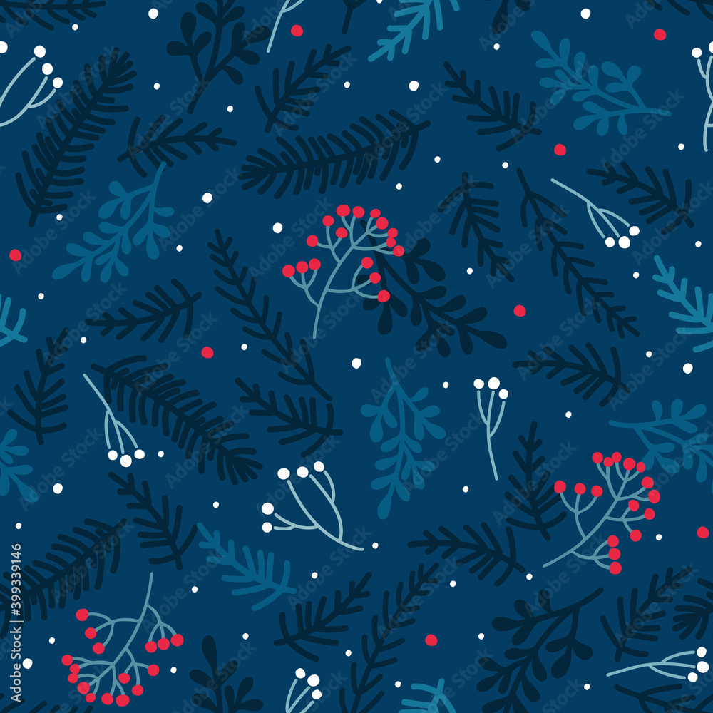 Christmas winter seamless pattern with сhristmas tree branches, decorated with red, white berries and snow. Vector illustration on  blue background. 