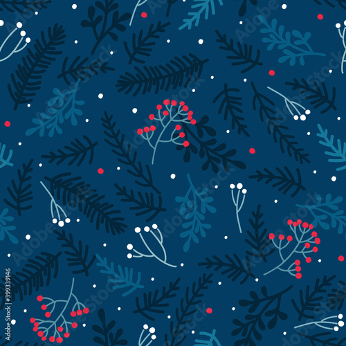 Christmas winter seamless pattern with   hristmas tree branches  decorated with red  white berries and snow. Vector illustration on  blue background. 