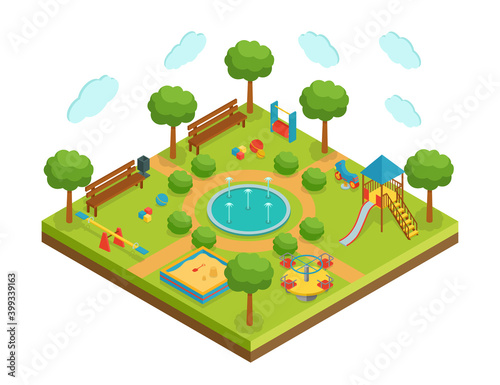 Isometric kid playground with fountain, vector illustration