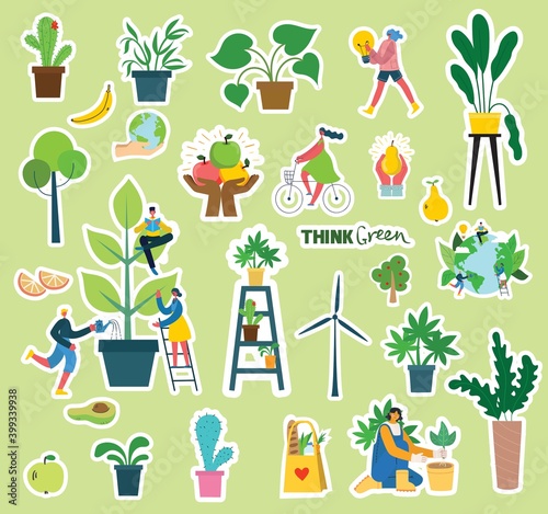 Set of eco save environment stickers pictures. People taking care of planet collage.