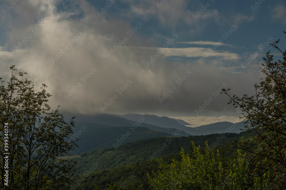 Obraz premium View from ridge of Poloniny national park in summer sunny morning with inversion