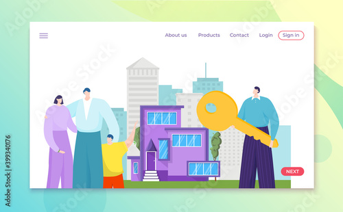 House realtor agent and property owner stand near home, rent service vector illustration. Man character hold huge key for new real estate purchase. People family make deal to buy residential building.