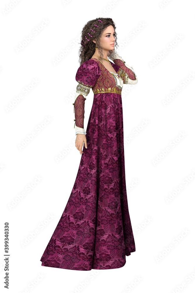 Noble woman standing in historical dress isolated on white. 3D rendering.