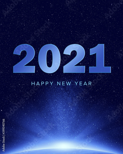 2021 happy new year greeting card with glowing planet and stars in space background
