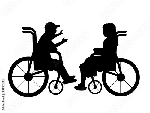 Silhouettes of talking children boy in wheelchair and girl in wheelchair