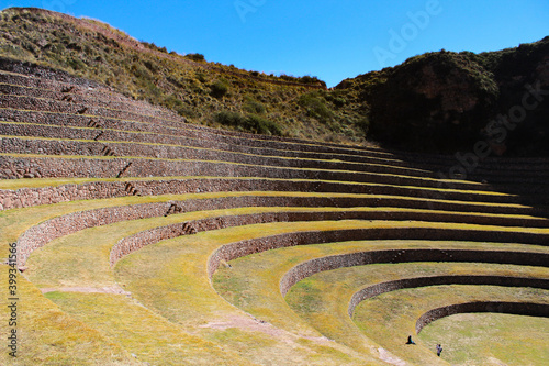 Inca terraces of Moray, Sacred Valley Peru, near Cuzco and Urubamba. Ancient terraces that look like an amphitheater 