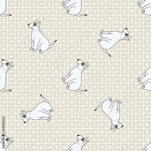 Cute cartoon Bull Terrier sitting vector clipart. Pedigree kennel dog breed for obedience training. Purebred domestic puppy for dog show illustration mascot. Isolated canine hunting breed. 