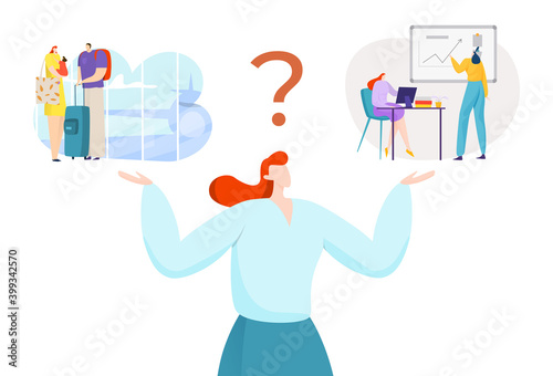 Businesswoman person choose between flat work an relax concept, vector illustration. Woman look at business life and relaxation happiness choice. Harmony between career and leisure.