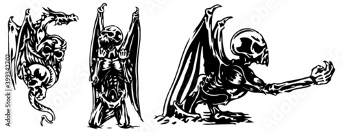 Set with fangs, skeleton, skull, bat and aggressive face or head of a dragon. Open wings of flying gothic monsters. Engraving line sketch in black. Vector.